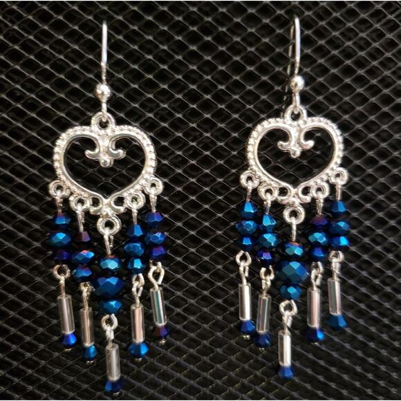Hand Crafted Jewelry - Metallic blue and silver heart chandelier earrings